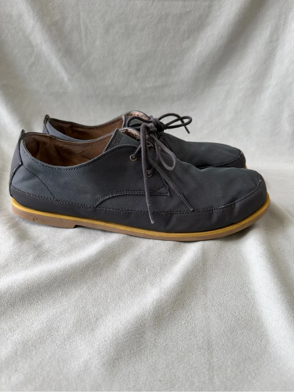 Olukai Men's Honolulu Lace Mesh Shoes Dark Shadow Gray Yellow Trim Size 12M